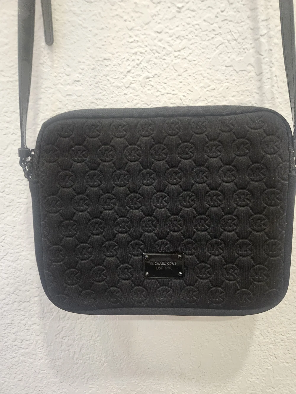 Michael Kors Black Neoprene Embossed MK Logo Crossbody iPad Tablet Bag Sleeve